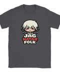 Gråmelerad t-shirt med satirisk illustration och text om människoförakt