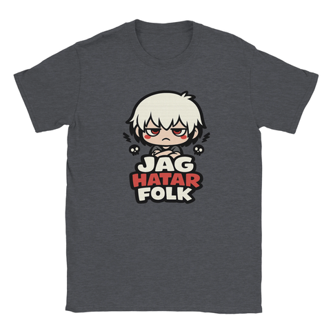 Gråmelerad t-shirt med satirisk illustration och text om människoförakt
