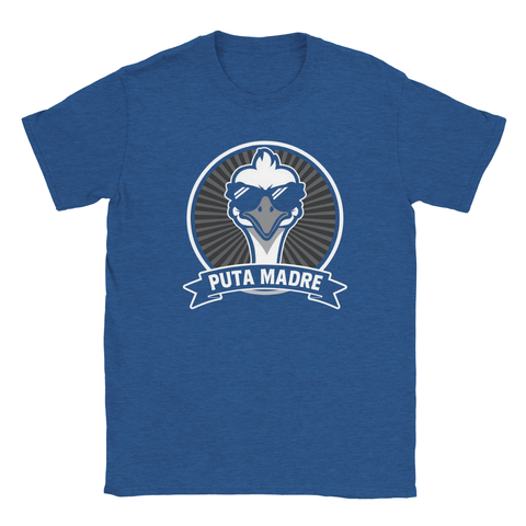 Blå t-shirt med illustrerad struts i badge-stil och attitydfull text