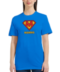 Superman-parodi Mamma-logga i rött och gult på blå dam-t-shirt.