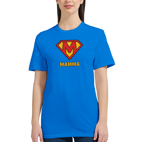 Superman-parodi Mamma-logga i rött och gult på blå dam-t-shirt.
