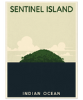 Illustration av Sentinel Island som reseposter med mörkblått hav, grön djungelsiluett och beige himmel.
