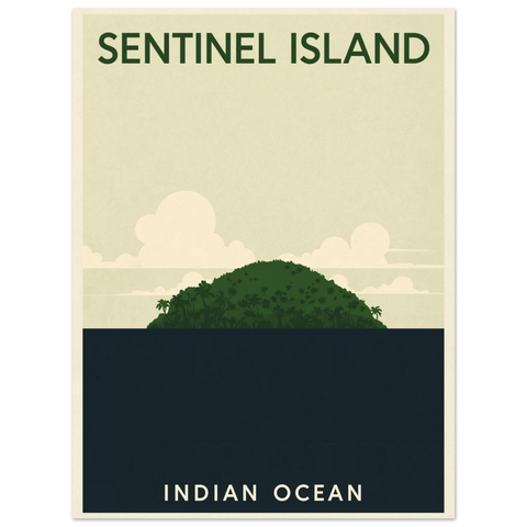 Illustration av Sentinel Island som reseposter med mörkblått hav, grön djungelsiluett och beige himmel.