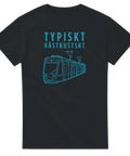 Blått tryck av en modern spårvagn på en svart t-shirt