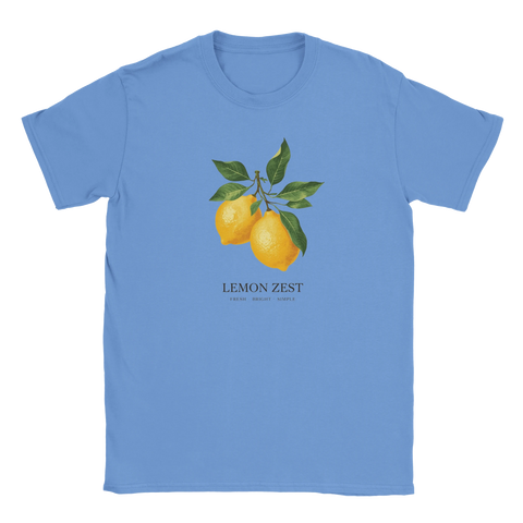 Ljusblå t-shirt med grafiskt motiv av solmogna citroner