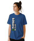 Popeye text med spenatblad och japanska tecken på blå t-shirt.