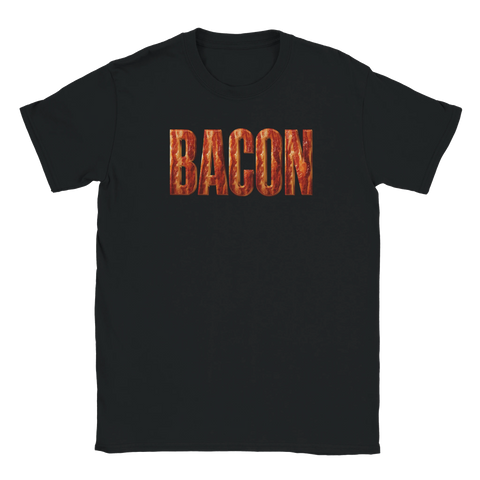 Grafiskt motiv med texten Bacon fylld av realistisk köttstruktur