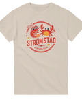 Grafiskt tryck av havsdjur i rött och orange på sandfärgad t-shirt