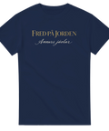 Marinblå t-shirt med grafiskt tryck Fred på jorden annars jävlar i guld