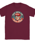 Make Greenland Great Again" satirisk logga med Trump-liknande ansikte på vinröd t-shirt.