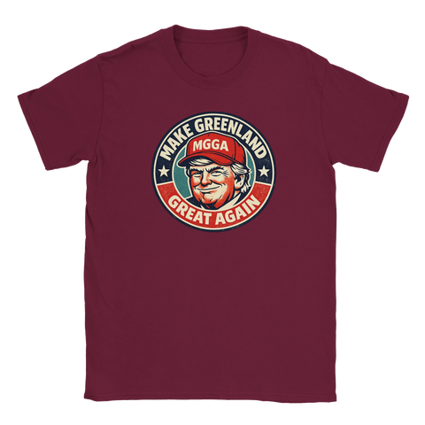 Make Greenland Great Again" satirisk logga med Trump-liknande ansikte på vinröd t-shirt.