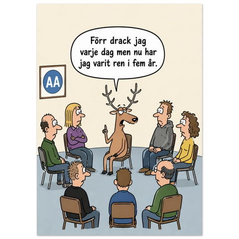 Skämtteckning med en ren på AA-möte – humoristisk poster med ordvits