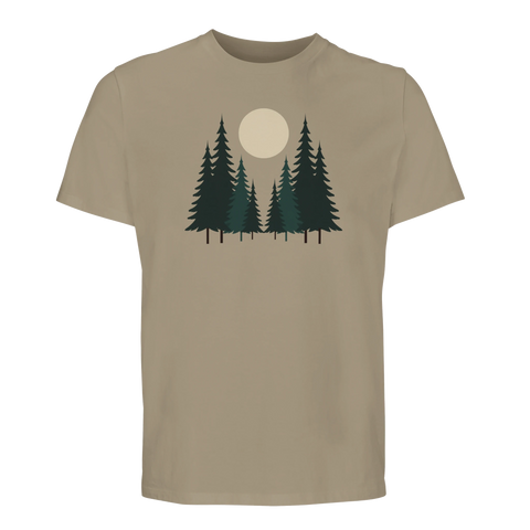 Vintagedesign med motiv av barrskog och måne på en beige t-shirt