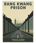 Grafisk illustration av Bang Kwang Prison med en lång väg flankerad av höga murar under en beige himmel i retrostil.