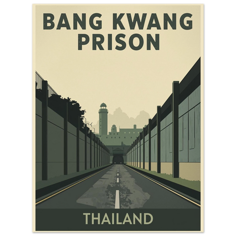Grafisk illustration av Bang Kwang Prison med en lång väg flankerad av höga murar under en beige himmel i retrostil.