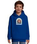 Mjaustronaut-tryck med orange katt i rymdhjälm på blå barnhoodie med känguruficka.