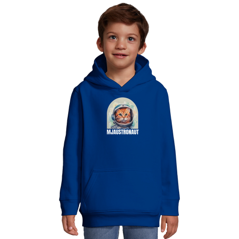 Mjaustronaut-tryck med orange katt i rymdhjälm på blå barnhoodie med känguruficka.