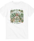 Grafisk illustration av kvinna bland krukväxter och monstera – t-shirt för plant lovers