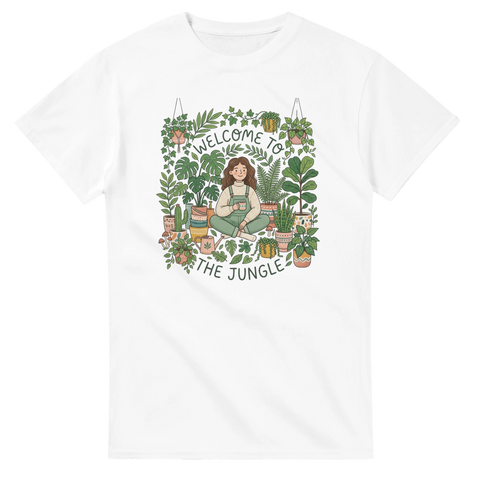 Grafisk illustration av kvinna bland krukväxter och monstera – t-shirt för plant lovers