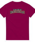 Vinröd t-shirt med texten Dags för en bensträckare i collegebokstäver.