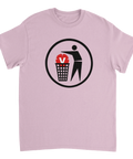 Satirisk t-shirt med V-symbolen i papperskorgen – rosa plagg med politiskt tryck