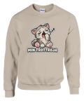 Minimalistisk illustration av gäspande katt på en beige sweatshirt