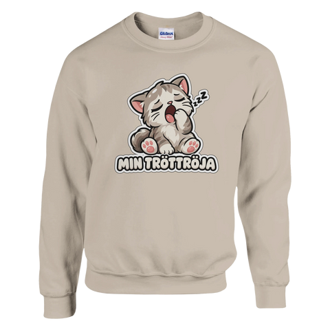 Minimalistisk illustration av gäspande katt på en beige sweatshirt