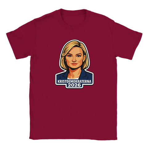 Blond kvinna i tecknad stil med texten "KRISTDEMOKRATERNA 2026" på vinröd t-shirt.