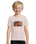 Barn i ljusrosa barn-t-shirt med en brandbil och färgstänk