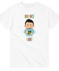 Satirisk illustration med färgglad text på vit t-shirt – Rubiks Kuk!