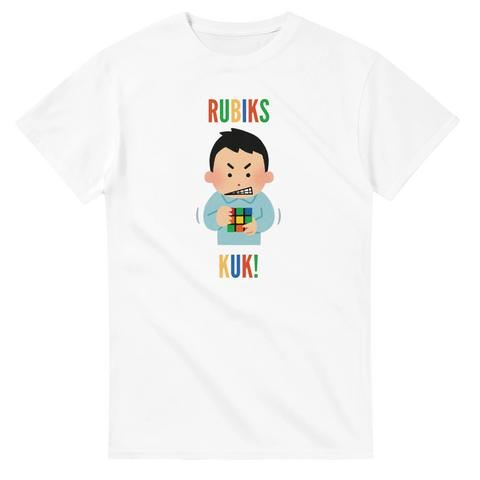 Satirisk illustration med färgglad text på vit t-shirt – Rubiks Kuk!