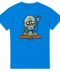 Tecknad zombie med dropp, text "ORANGE SODA DAY 15" på blå t-shirt.
