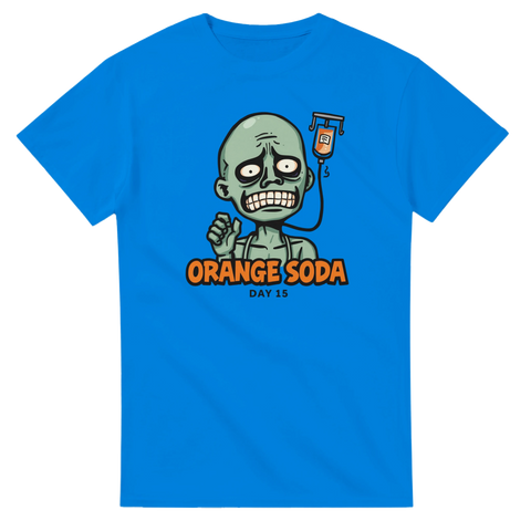 Tecknad zombie med dropp, text "ORANGE SODA DAY 15" på blå t-shirt.
