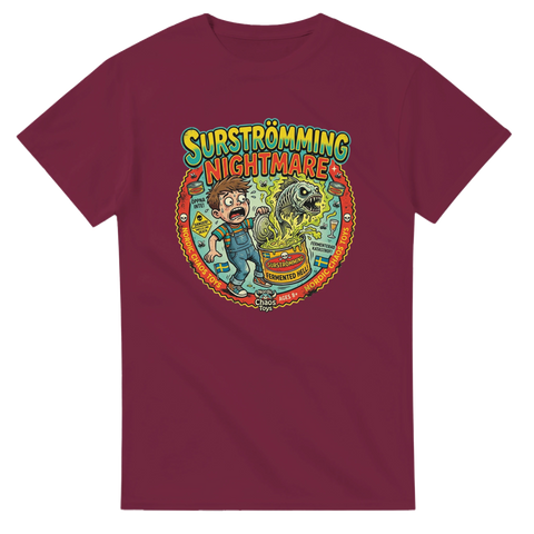 Vintageinspirerad grafik föreställande fermenterad katastrof och kaos – vinröd t-shirt