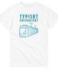 Minimalistisk illustration av en spårvagn i blått på en vit t-shirt