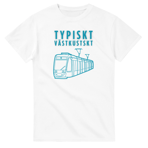 Minimalistisk illustration av en spårvagn i blått på en vit t-shirt