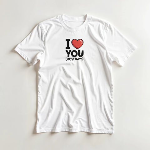 I Love You (Most Days)" text med rött hjärta på vit t-shirt.