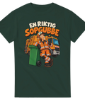 Färgglatt retromotiv med texten En riktig sopgubbe – mörkgrön t-shirt