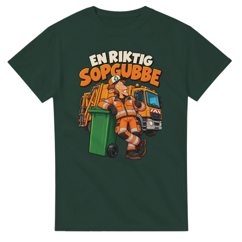 Färgglatt retromotiv med texten En riktig sopgubbe – mörkgrön t-shirt
