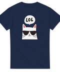 Vitt kattansikte med solglasögon och "LOL" i pratbubbla på mörkblå t-shirt.