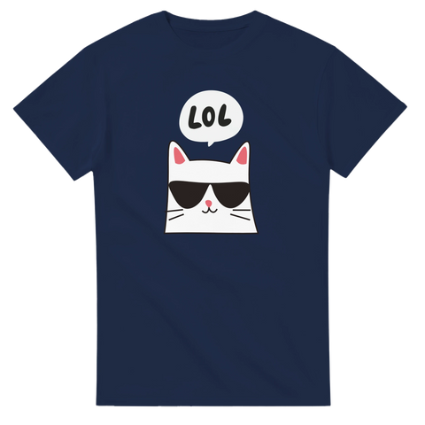 Vitt kattansikte med solglasögon och "LOL" i pratbubbla på mörkblå t-shirt.