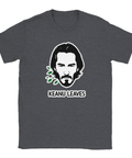 Mörkgrå melerad t-shirt med minimalistisk stencilillustration av Keanu Reeves och texten Keanu Leaves