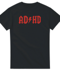 Humoristisk T-shirt med röd AD⚡HD-logga i klassisk hårdrocksstil – perfekt för rockfans som gillar att sticka ut.