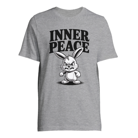 Arg tecknad kanin med texten "INNER PEACE" på grå t-shirt.