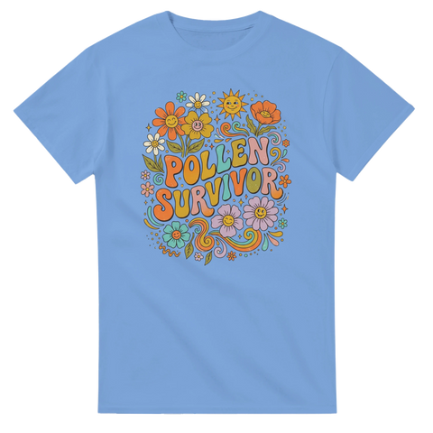 Grafisk retrodesign med lekfulla blommor och text på en blå t-shirt