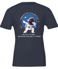 Dabbande astronaut i rymden, texten "Rebooting Civilisation Elon Musk Space Adventures" på marinblå t-shirt.