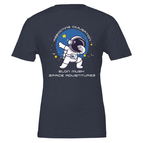 Dabbande astronaut i rymden, texten "Rebooting Civilisation Elon Musk Space Adventures" på marinblå t-shirt.