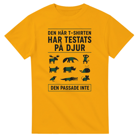 Grafiskt tryck med djurmotiv och mörk humor på en orange t-shirt