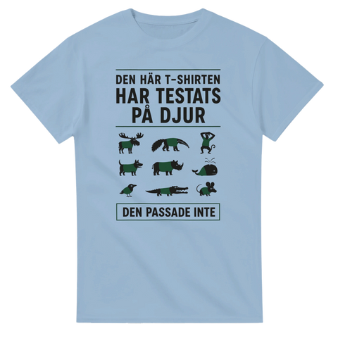 Ljusblå t-shirt med ironiskt tryck av missnöjda djur i olika storlekar