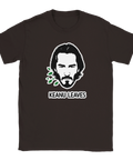 Keanu Reeves pop-art ansikte med gröna löv och text "KEANU LEAVES" på mörkbrun t-shirt.